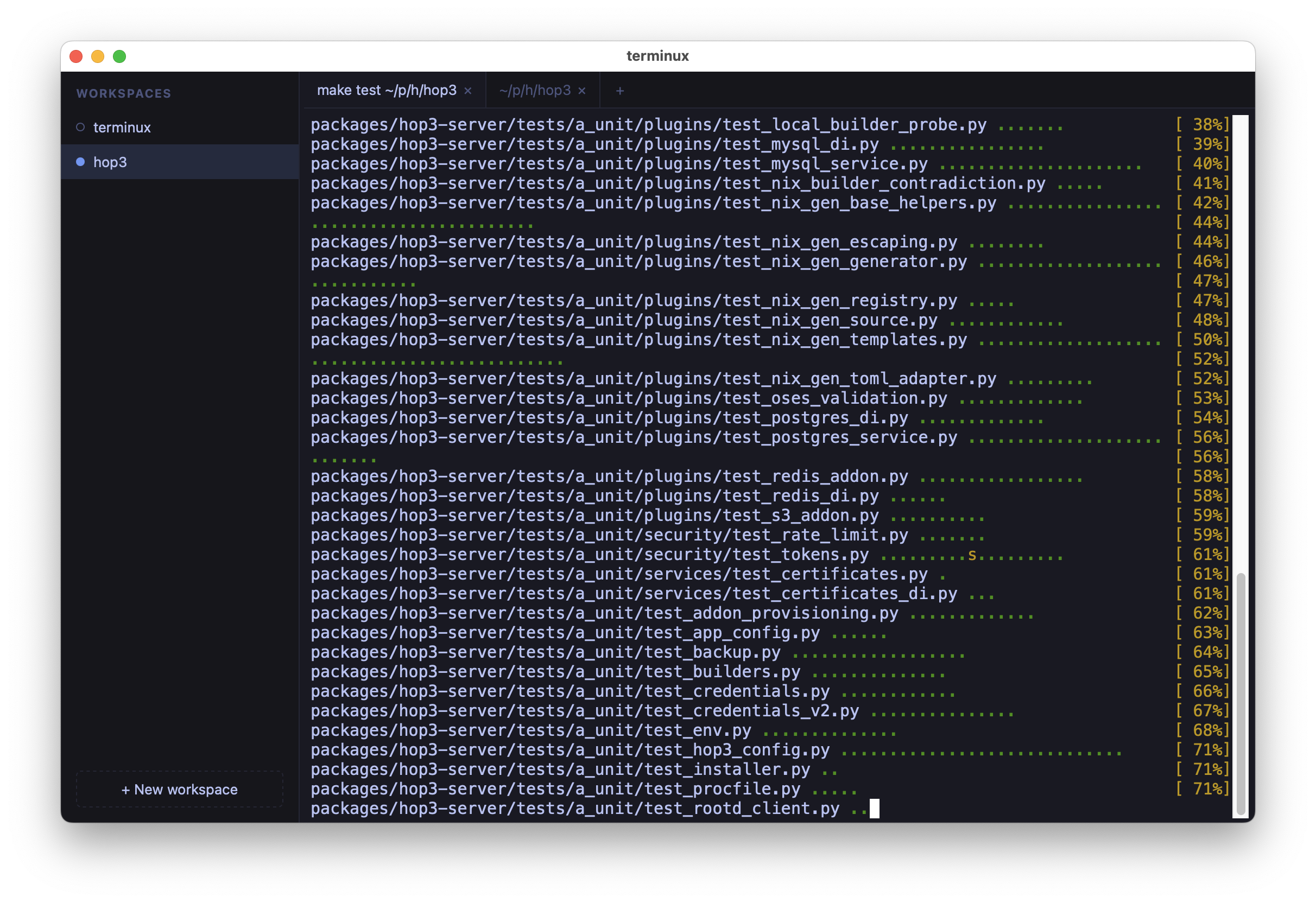 terminux: workspaces sidebar and a tabbed terminal running a test suite
