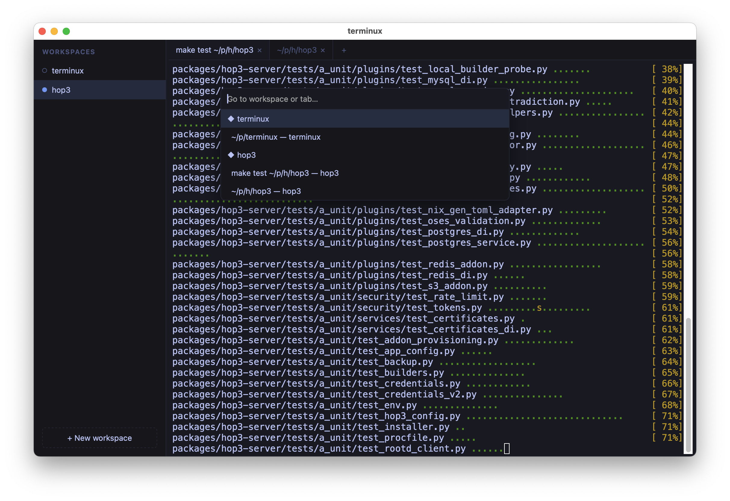 The fuzzy quick switcher overlay listing workspaces and tabs